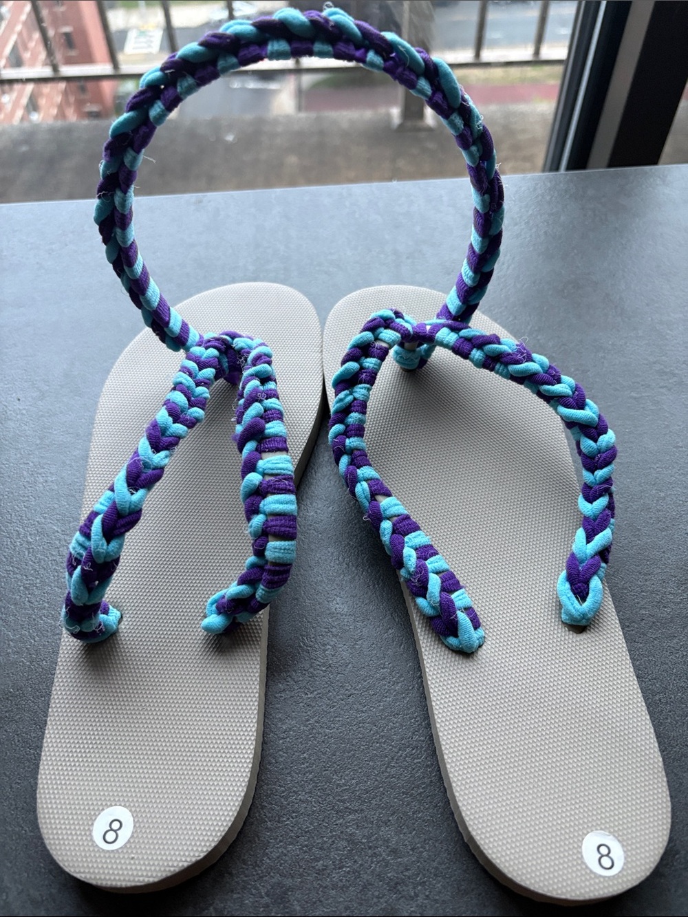 Braided Strap Flip Flops in Teal & Purple
